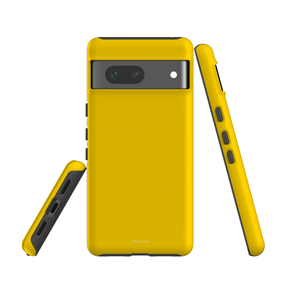 Yellow Google Pixel Case with minimalist design. Dual-layer shock-resistant protection and easy access to ports.