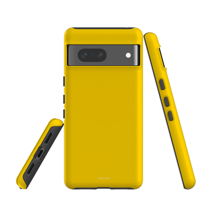Yellow Google Pixel Case with minimalist design. Dual-layer shock-resistant protection and easy access to ports.