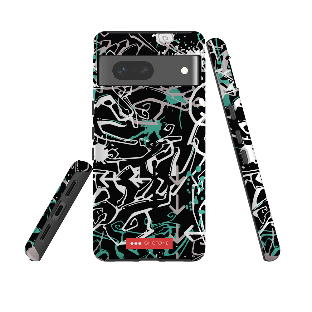 Google Pixel Case with graffiti art in black and teal. Shock-resistant dual-layer cover with raised edges for screen safety.