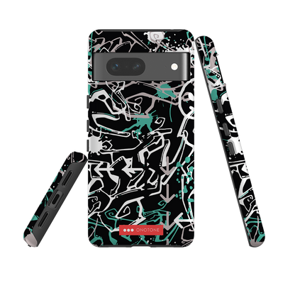 Google Pixel Case with graffiti art in black and teal. Shock-resistant dual-layer cover with raised edges for screen safety.