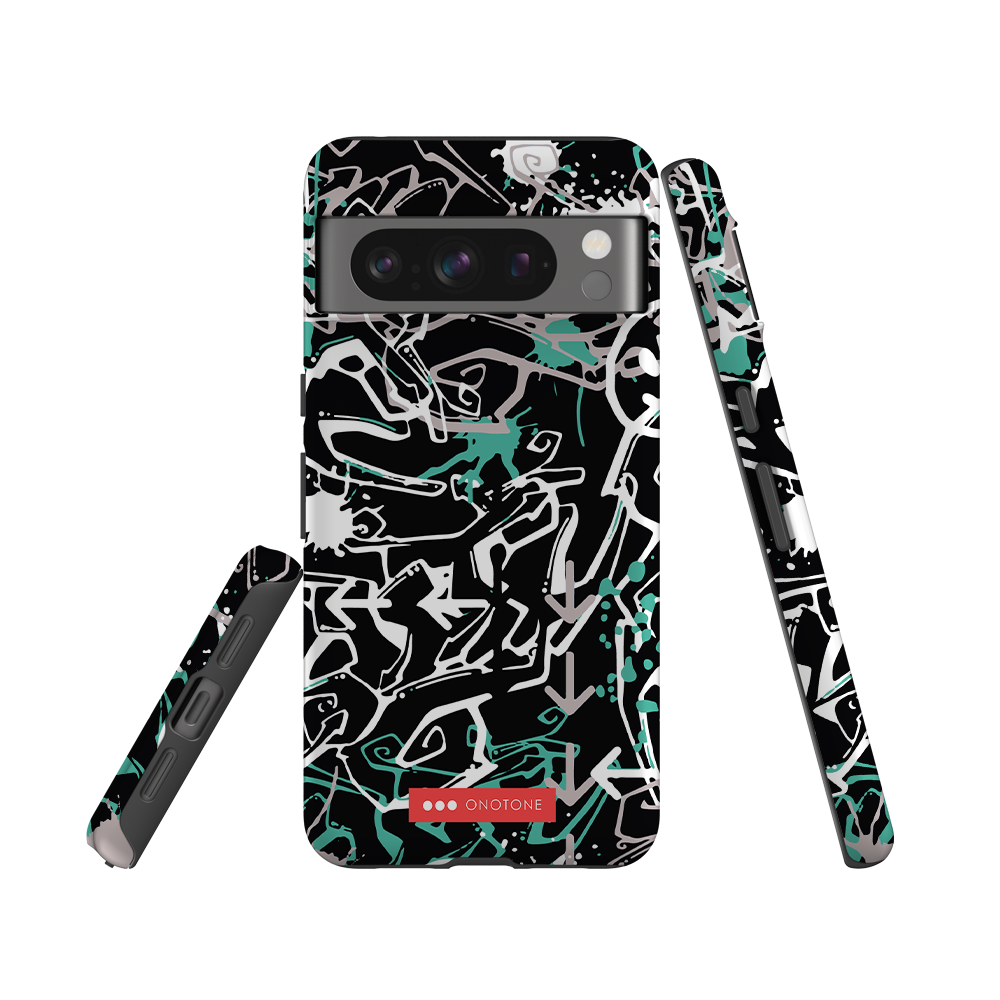 Google Pixel Graffiti Case with dual-layer protection and raised edges. Artistic black and teal graffiti pattern for urban style.