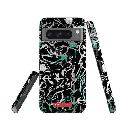 Google Pixel Graffiti Case with dual-layer protection and raised edges. Artistic black and teal graffiti pattern for urban style.