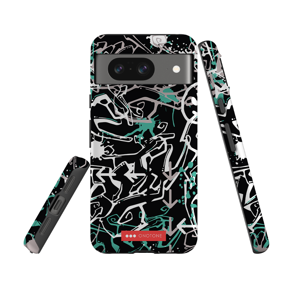 Shock-resistant Pixel Case with graffiti art design. Features raised bevel and durable build for Google Pixel protection.