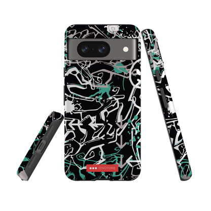 Shock-resistant Pixel Case with graffiti art design. Features raised bevel and durable build for Google Pixel protection.