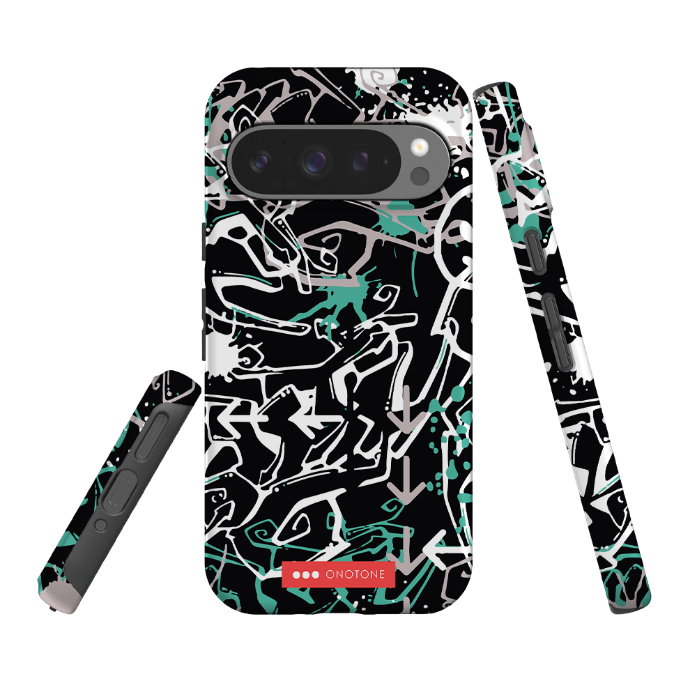 Google Pixel Case featuring graffiti art in black and teal. Dual-layer shock-resistant cover with precise cutouts for camera and buttons.