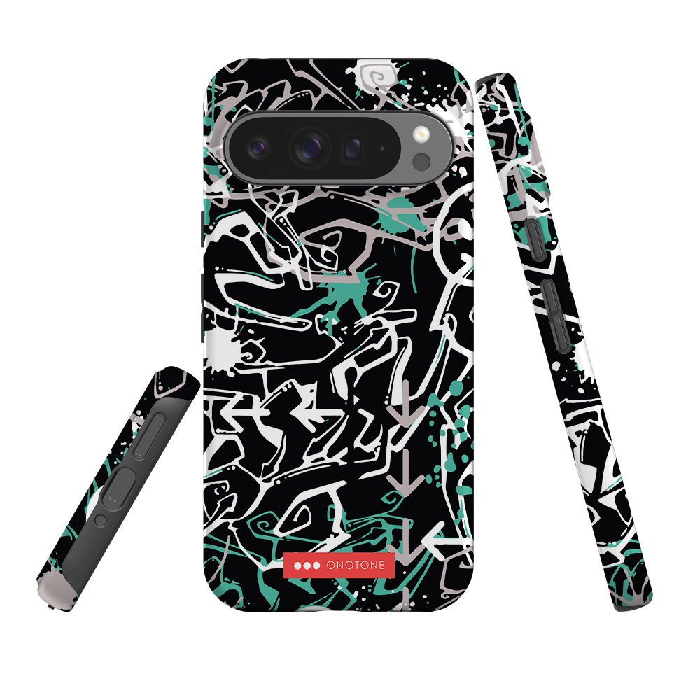 Pixel Case Graffiti Art - Google Pixel Cover with abstract black, white, and teal design. Shock resistant with raised bevel for screen protection.