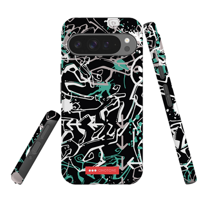 Pixel Case Graffiti Art - Google Pixel Cover with abstract black, white, and teal design. Shock resistant with raised bevel for screen protection.