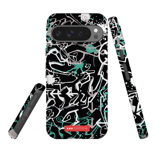 Pixel Case Graffiti Art - Google Pixel Cover with abstract black, white, and teal design. Shock resistant with raised bevel for screen protection.