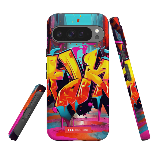 Google Pixel Case - Graffiti Art with bold yellow and red street art design. Shock-absorbing dual-layer case with scratch-resistant protection.
