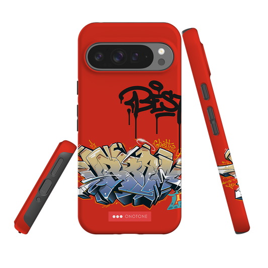 Graffiti Art Google Pixel Case with bold red background and urban street-style design. Dual-layered, shock-resistant cover for stylish protection.