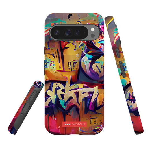 Google Pixel Case Graffiti - Shock Resistant | Dual Layer with vivid street art design in red, yellow, and purple tones. Durable polycarbonate shell with TPU lining.