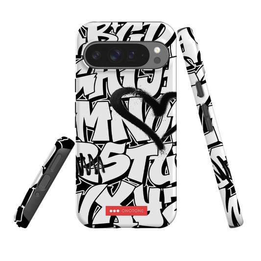 Google Pixel Case Graffiti Art - Shock Absorbent Cover with bold black and white graffiti letters and heart design, dual-layer protection.