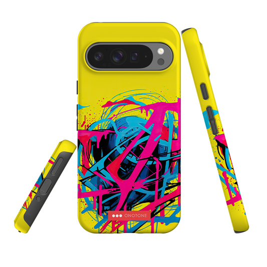Graffiti Art Google Pixel Case with shock-resistant yellow cover, featuring vibrant pink, blue, and black abstract paint splashes.