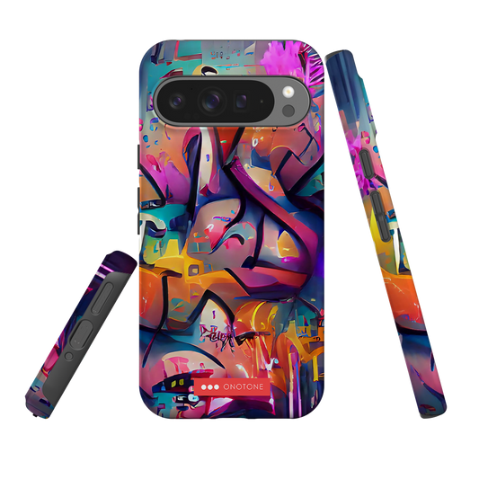 Google Pixel Case Graffiti Art with vibrant abstract street design. Dual-layer shock protection with raised bevel and TPU lining.