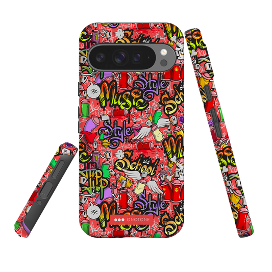 Google Pixel Case - Graffiti Art with bold red background, featuring street art text and icons. Dual-layer shock absorption for Pixel protection.