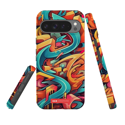 Google Pixel graffiti case with vibrant street art design in teal, orange, and red. Shock-resistant cover with dual-layer protection.