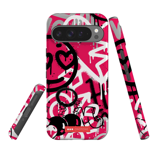Google Pixel Case - Graffiti Art with bold pink, black, and white street-style design. Dual-layer shock protection with precise cutouts.