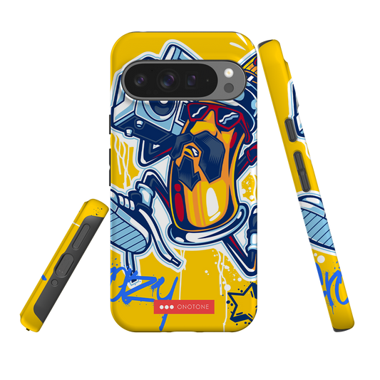 Graffiti Art Google Pixel Case with bold yellow background and street-style spray can design. Dual-layered for shock protection and scratch resistance.