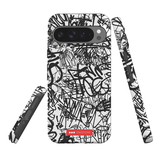 Graffiti Art Google Pixel Case with black and white street-style design. Dual-layer shock-resistant protection with raised bezel for screen safety.