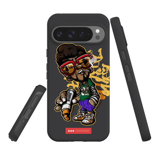 Google Pixel Case - Durable Graffiti Art Protection featuring cartoon hip-hop character with spray can and gold graffiti background.