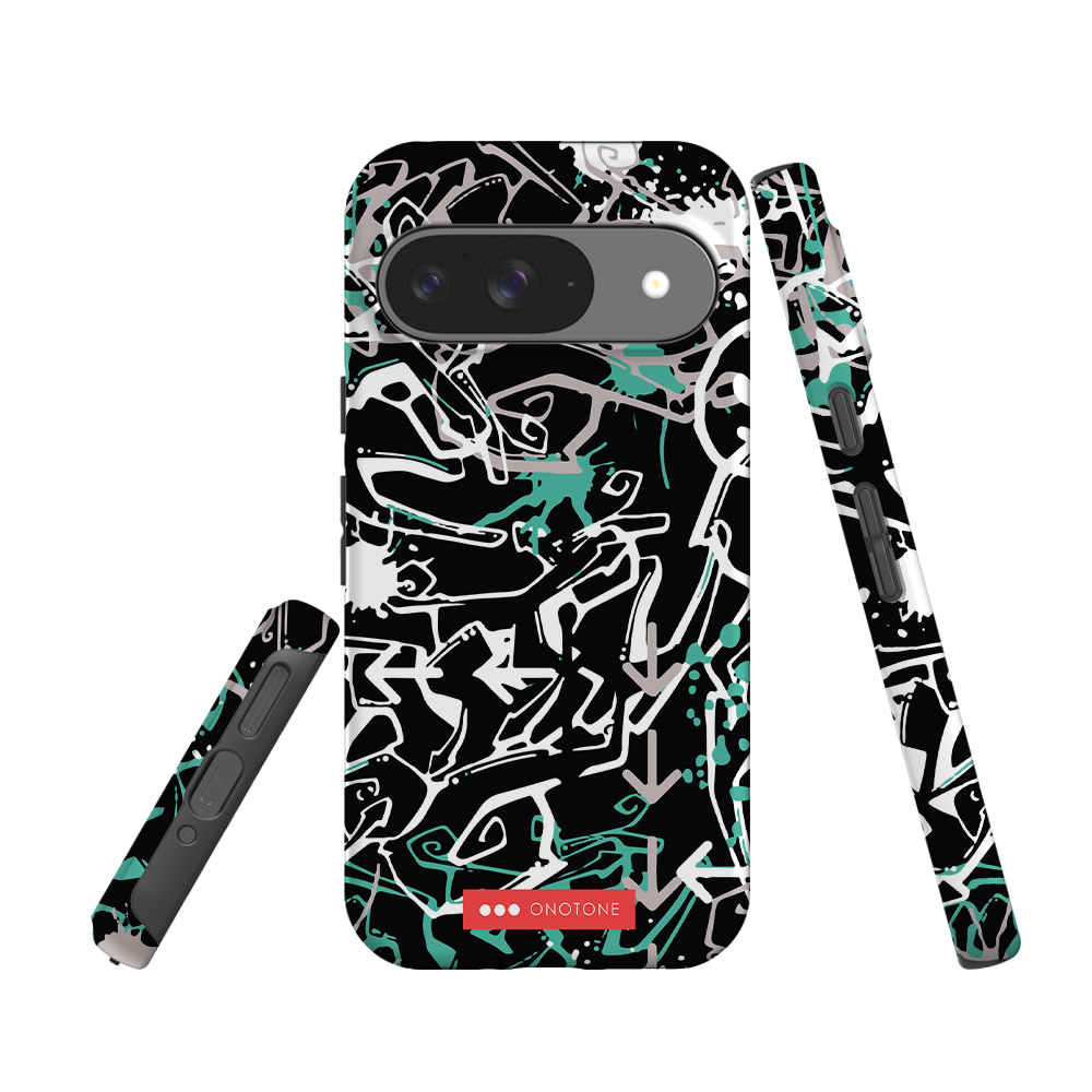 Pixel Case Graffiti Art - Shock-resistant Google Pixel cover with bold abstract graffiti design in black, white, and teal tones.