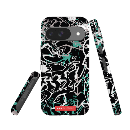 Pixel Case Graffiti Art - Shock-resistant Google Pixel cover with bold abstract graffiti design in black, white, and teal tones.
