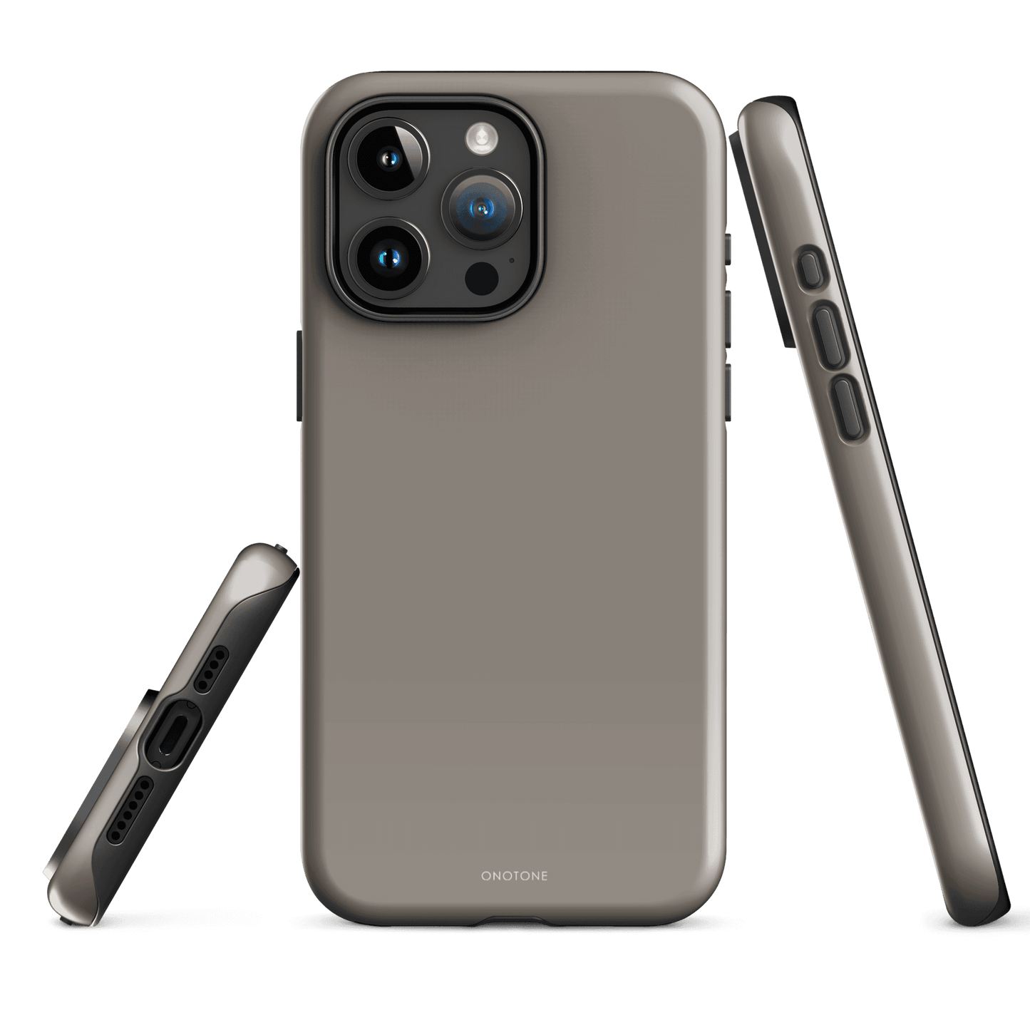Dark gray minimalist iPhone case, Pantone 403, front and side view