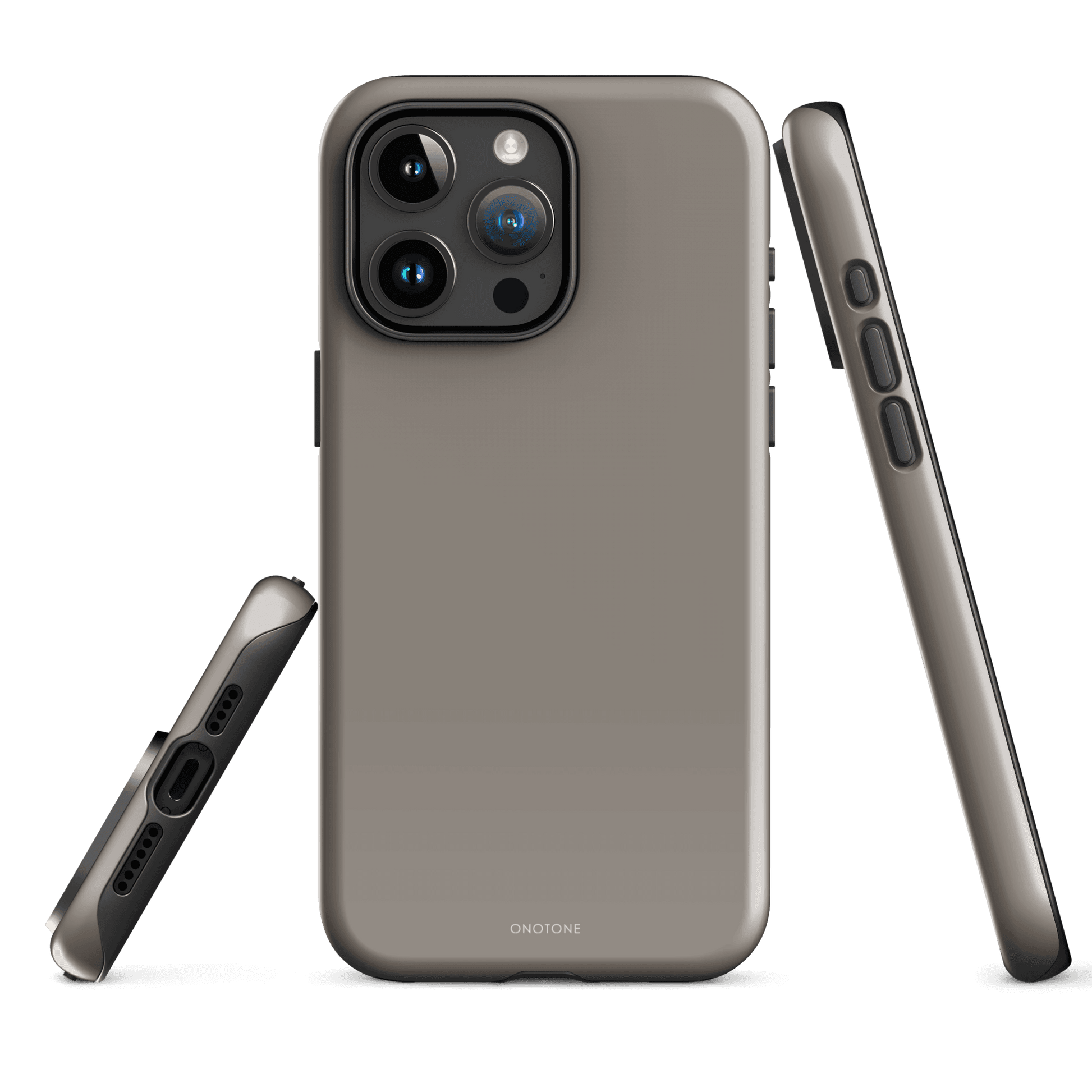 Dark gray minimalist iPhone case, Pantone 403, front and side view