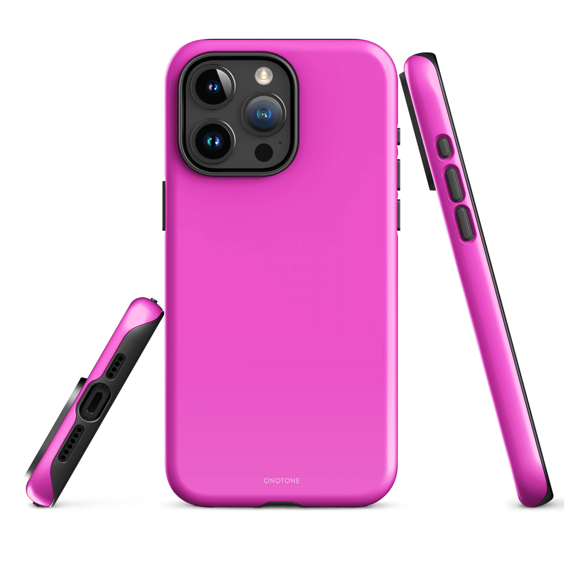 Fuchsia pink iPhone case with a sleek dual-layer design, featuring a shock-resistant outer shell and soft inner lining for impact protection.
